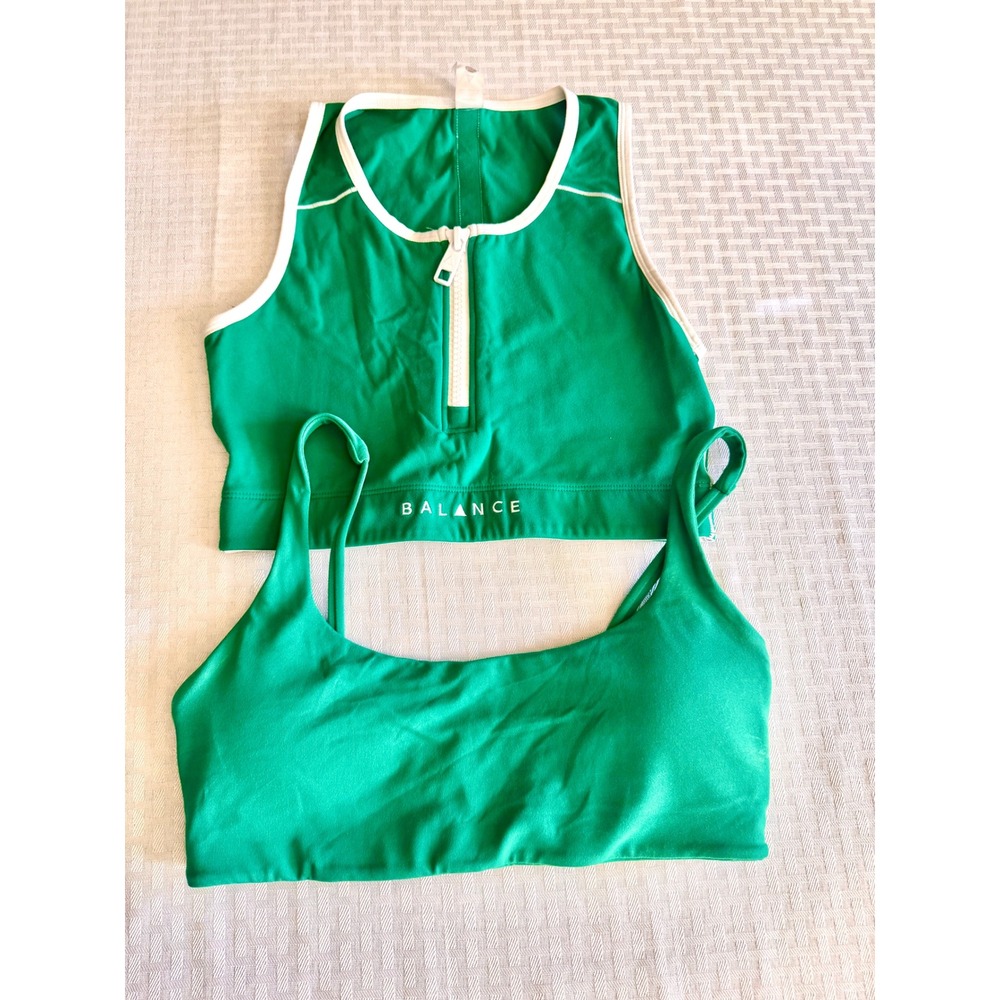 Balance Athletica Green Sports Bra Set Zip Crop Top & Scoop Bra Size S 2 Piece